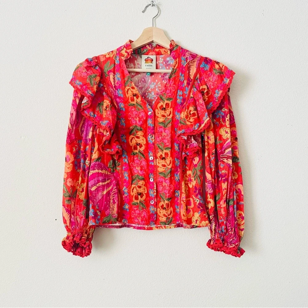 Farm Rio XS Spring Bananas red multicolor puff sleeve ruffle oversized blouse